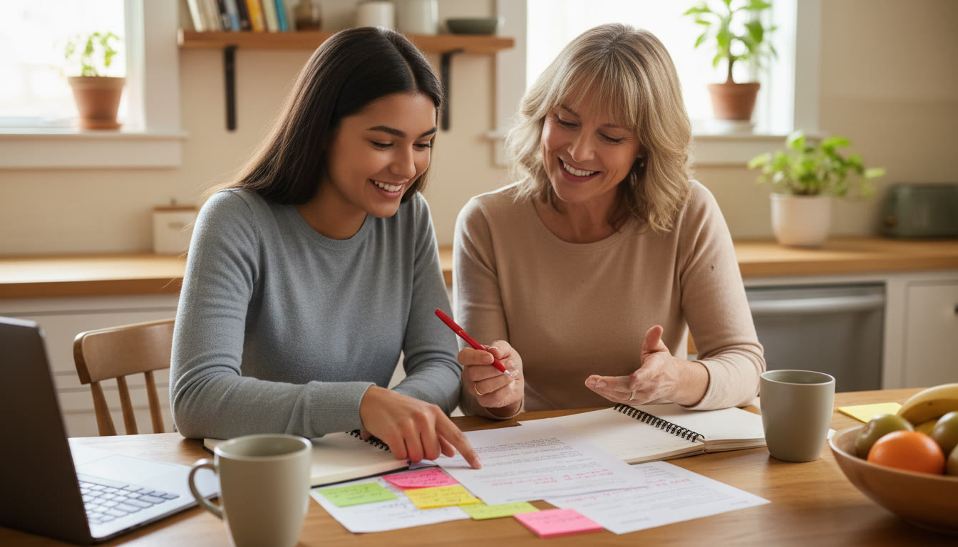 Photo Idea : A parent and student reviewing an annotated essay together at a kitchen table, red pen and sticky notes visible, conveying collaborative support without doing the work for the student.