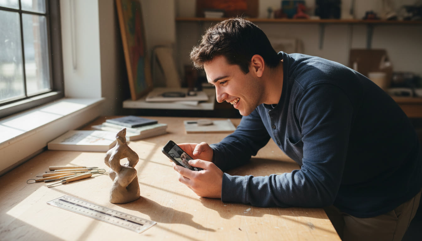 Photo Idea : A top-down photo of a student taking detailed photos of a small sculpture on a workbench with natural light—camera phone in hand, ruler beside the work for scale.