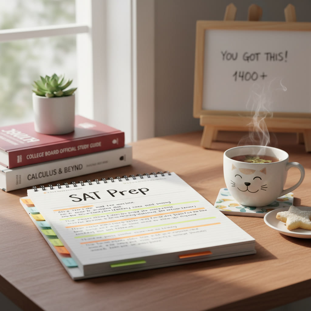 Photo idea: A cozy study nook with a notebook, highlighted pages, and a small reward (tea cup) on the side, illustrating the study-reward setup.