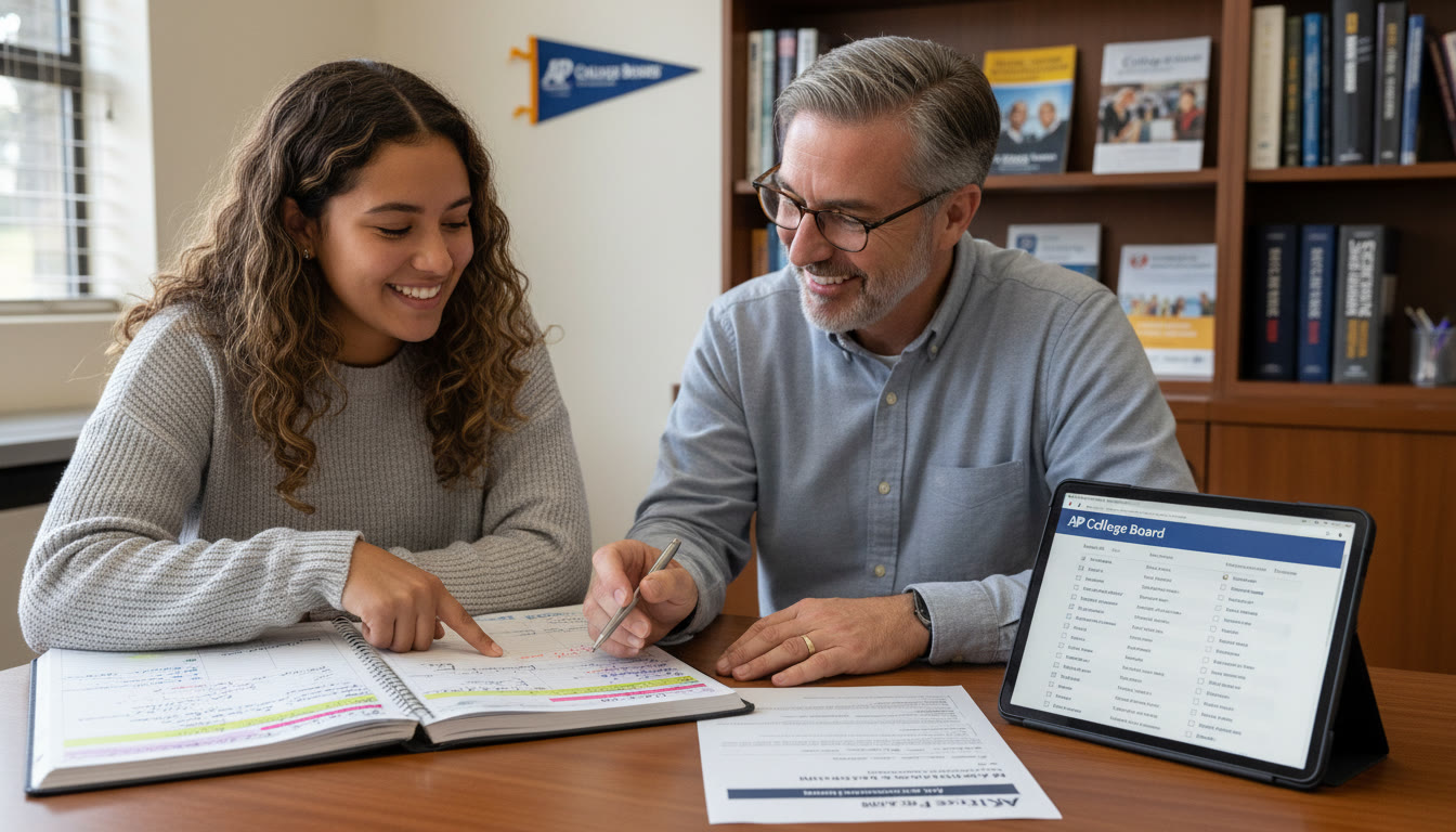Photo Idea : A high school counselor and student reviewing a course list and waiver form together, smiling and pointing at a planner.