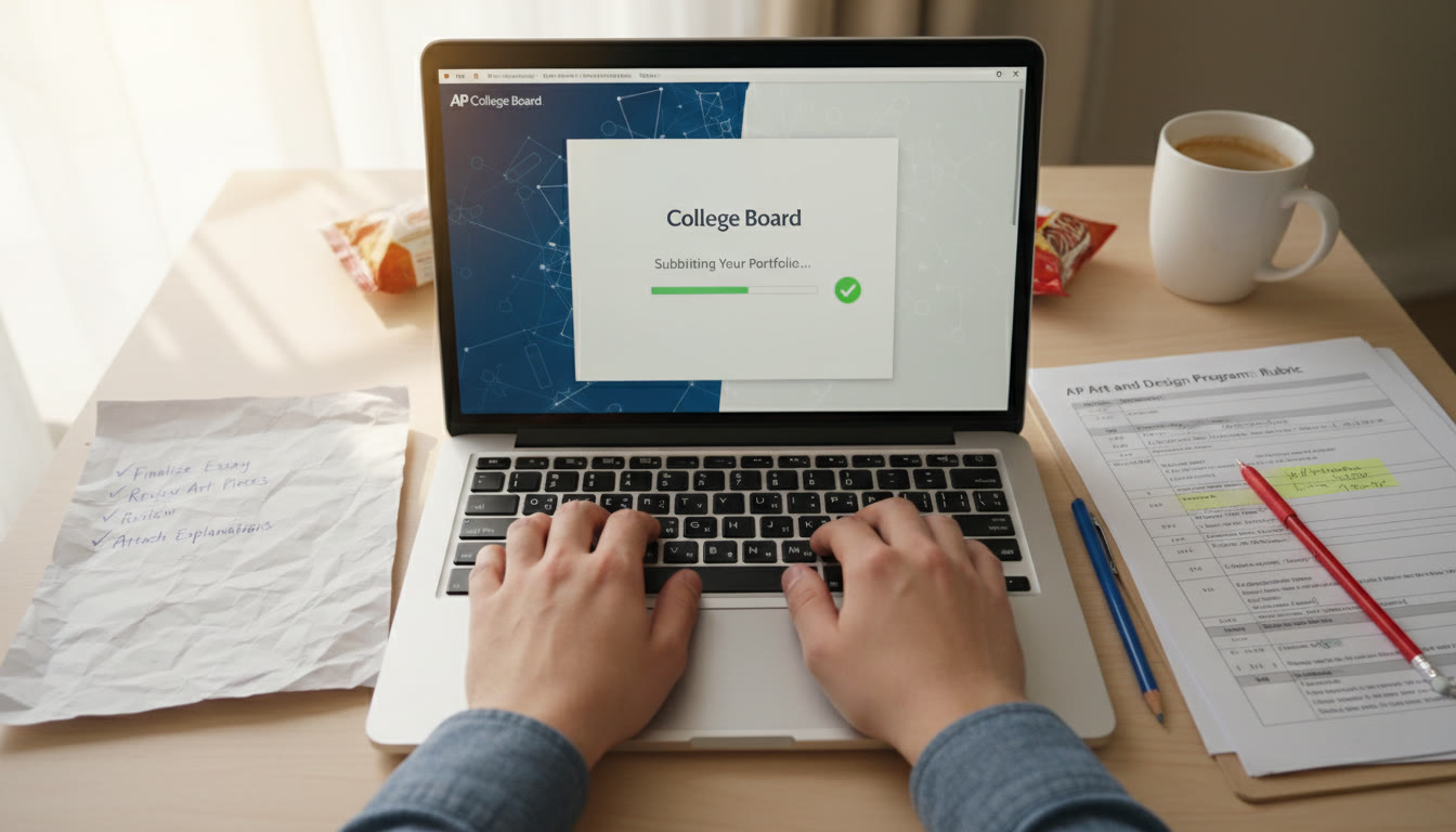 Photo Idea : A close-up overhead of hands on a laptop during the upload process, with a checklist and a printed rubric beside the keyboard—illustrates the final, careful step of submission day.