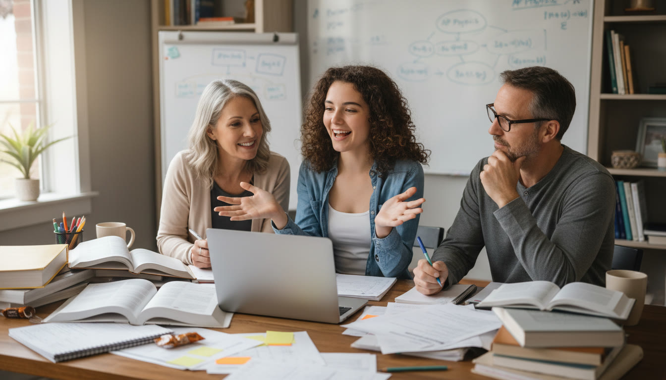 Photo Idea : A student at a desk surrounded by notes and a laptop, mid-explanation to a parent or tutor—captures the 