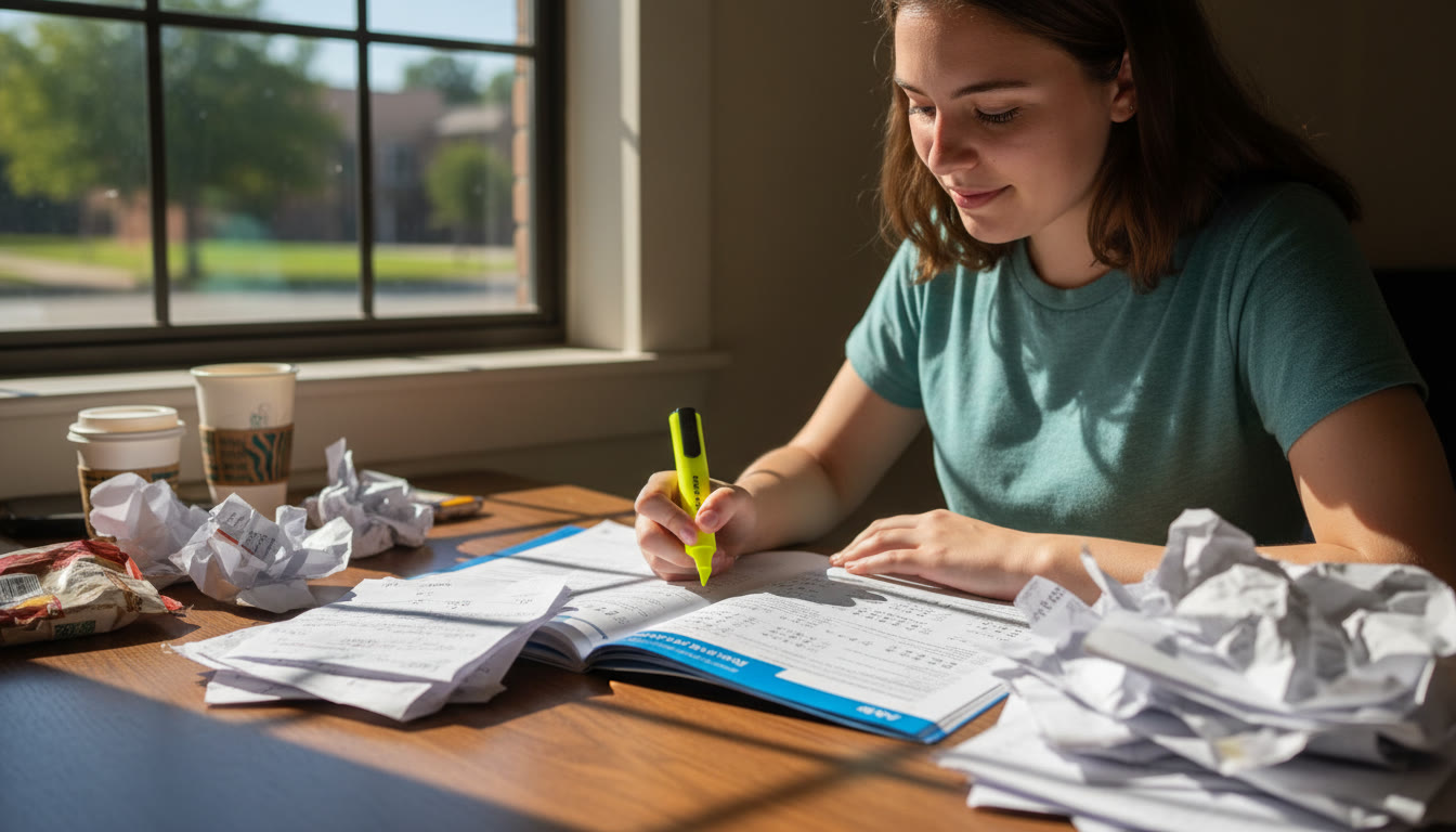 Photo Idea : A student at a desk with an AP Bluebook open, a stack of primary source excerpts, and a highlighter poised over a sentence — light filters through a window to show focused study energy.