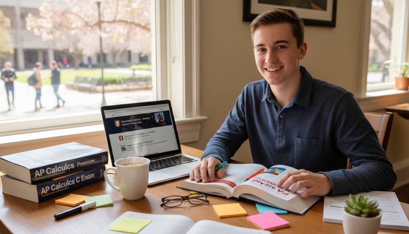 Photo Idea : A bright study scene showing a student at a desk with AP review books for Calculus and Physics, a laptop open to university pages, and a cup of tea — evokes focused planning for AP and university applications.