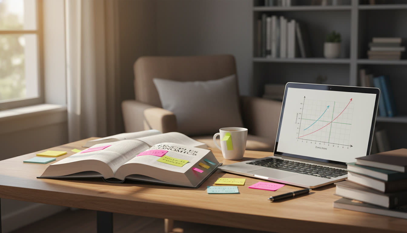 Photo Idea : A sunlit study nook with an open economics textbook, sticky notes, and a laptop showing a graph—captures focused study and cross-curriculum preparation.