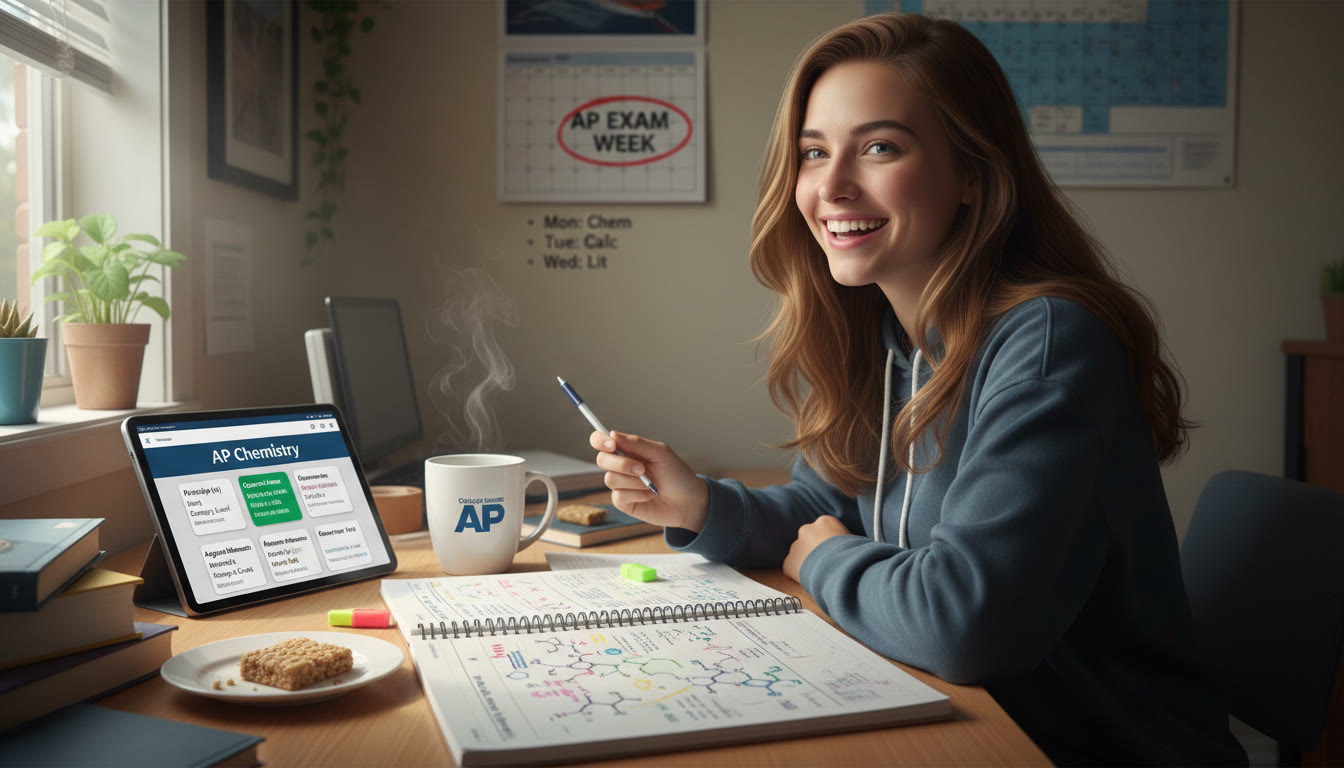 Photo Idea : A study scene showing a student mid-review: a notebook with handwritten diagrams beside a tablet displaying typed flashcards. Include a coffee cup and a calendar indicating exam week to visualize focused preparation.
