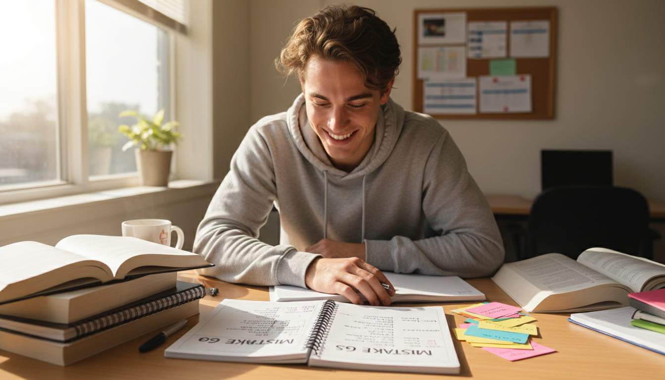Photo Idea : A student at a desk surrounded by notebooks and flashcards, highlighting a page labeled 