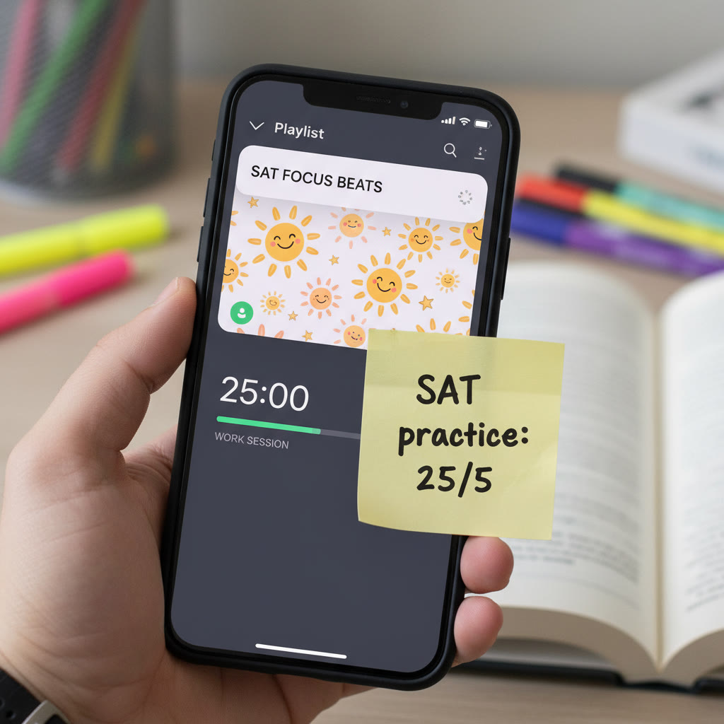 A close-up of a smartphone screen showing a study playlist and a Pomodoro timer; a sticky note reads 