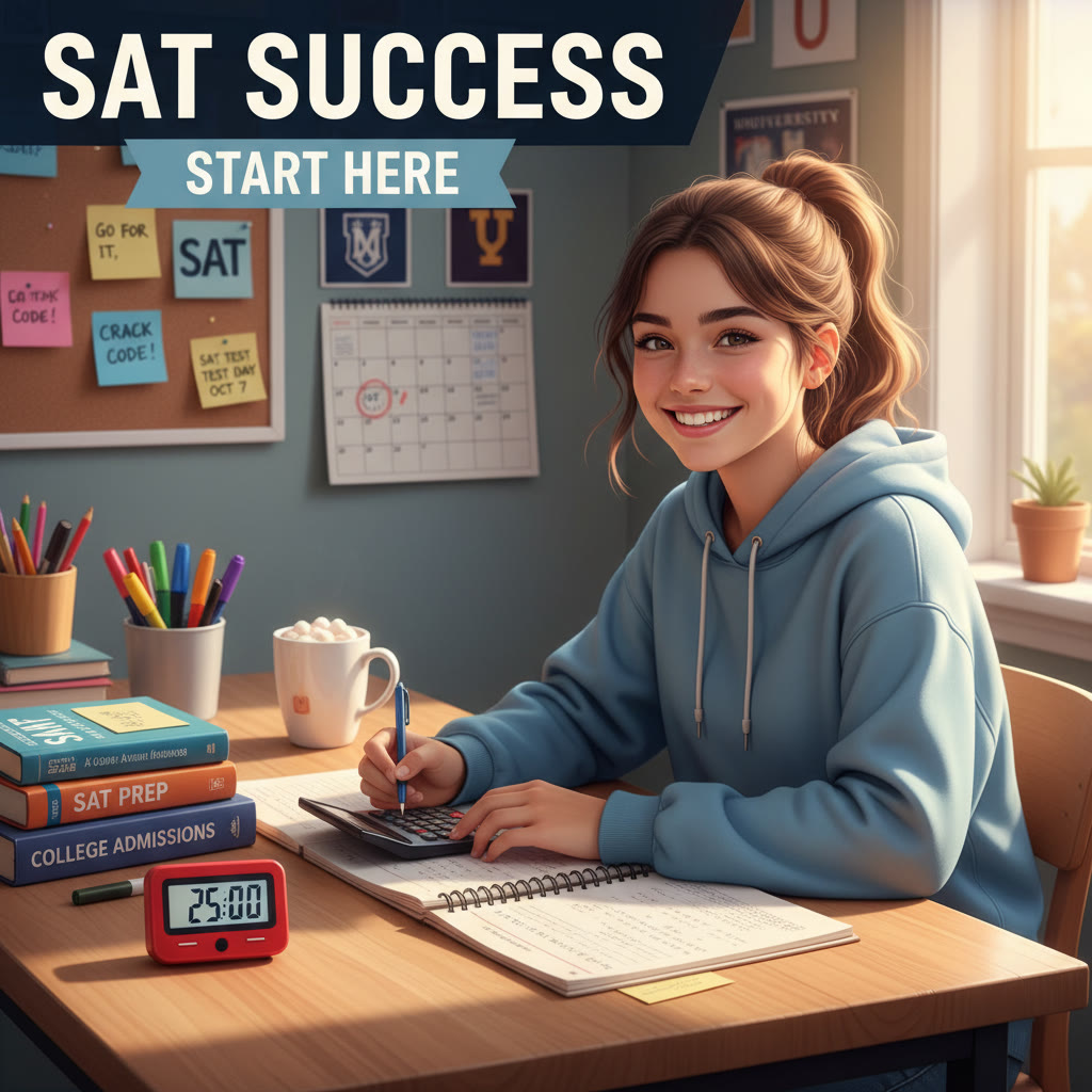 Student at a tidy desk using a notebook and a calculator, timer visible on the table — captures a focused SAT study session.