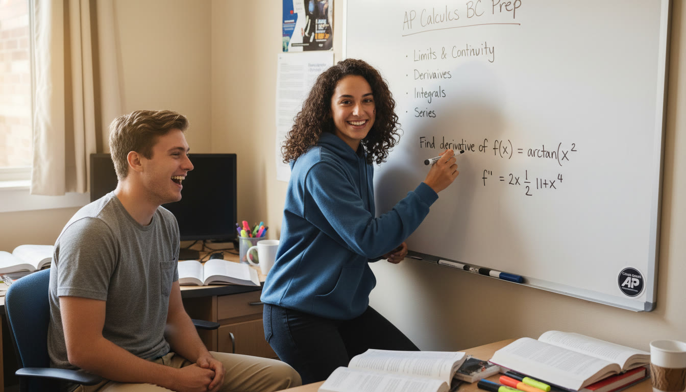 Photo Idea : A small, focused tutoring session with a tutor and student at a whiteboard. The board shows a clear study plan and sample problem; the student looks engaged and relieved.