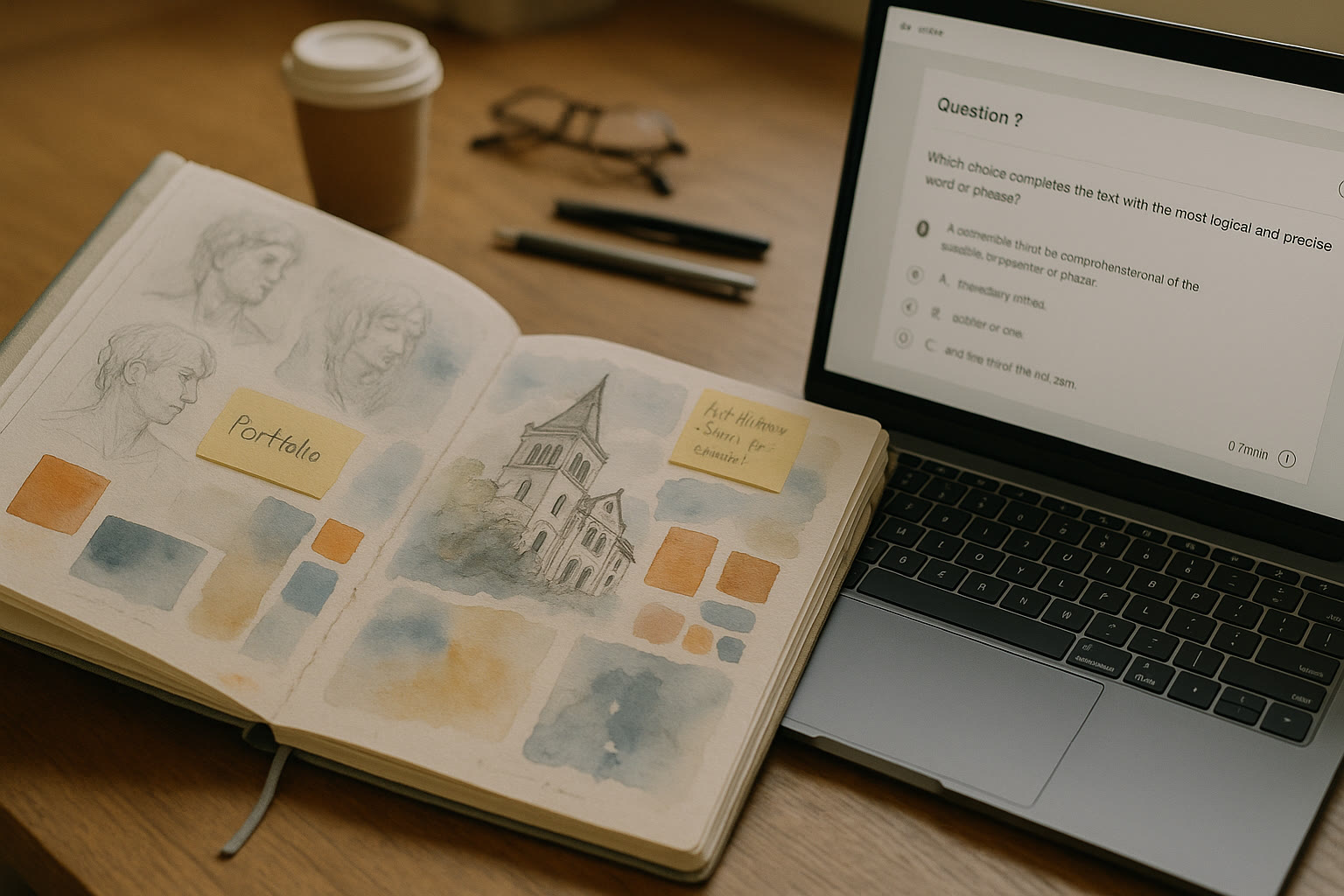 Photo Idea : Close-up of a curated art portfolio open on a table beside a laptop displaying a digital practice SAT interface — emphasizing the dual focus on creativity and academics.