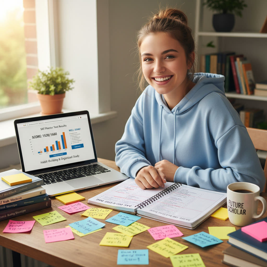 Young student studying at a desk with colorful notes, error log open, and a laptop showing practice test results — emphasizes habit-building and organized study.