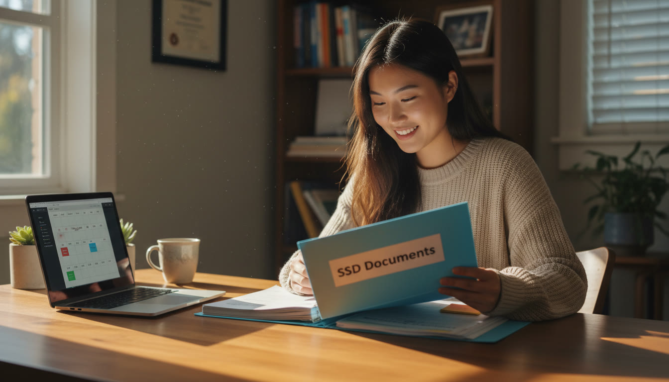 Photo Idea : A calm, sunlit study nook with a student at a desk, a folder labeled 