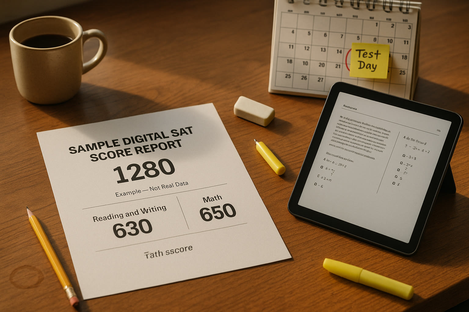 Photo Idea : A desk with a printed digital SAT score report, a tablet open to practice problems, and a calendar with a scheduled test date highlighted.