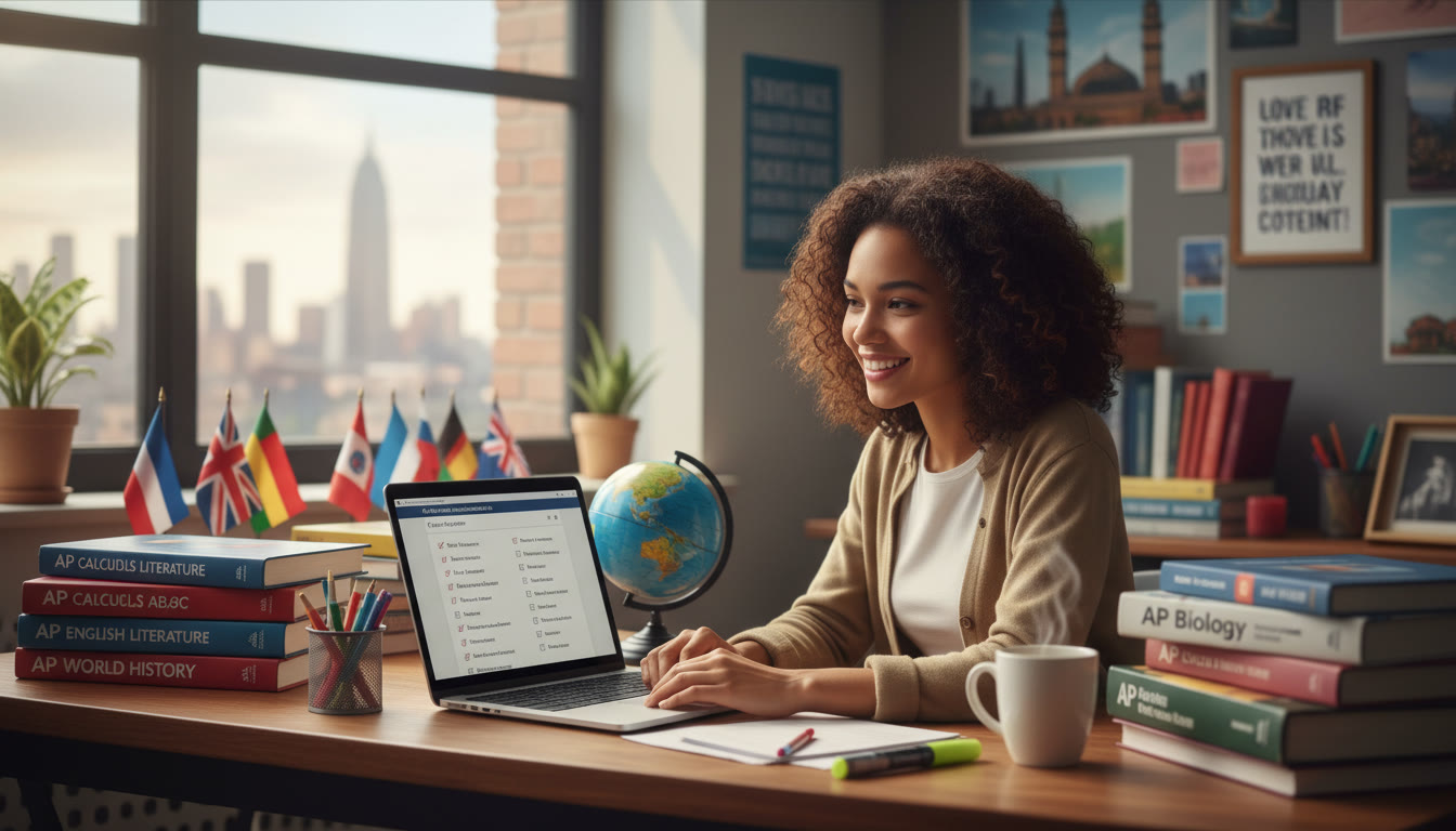 Photo Idea : A bright study scene with an international student surrounded by AP textbooks and a laptop displaying application checklists — conveys focused planning and global ambition.