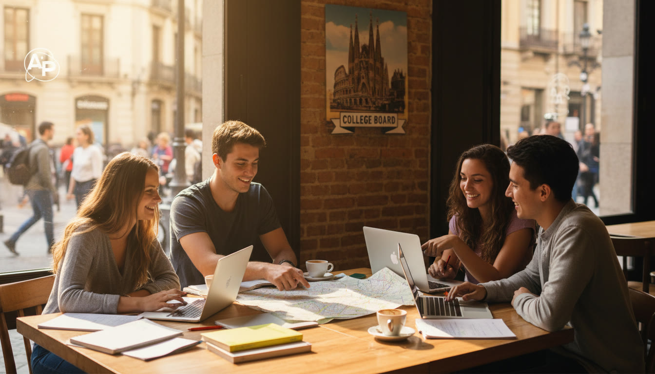 Photo Idea : A vibrant, sunlit study scene in a café or library in one of the cities (students with laptops and notebooks, maps/posters of the city in the background), conveying study energy and local context.