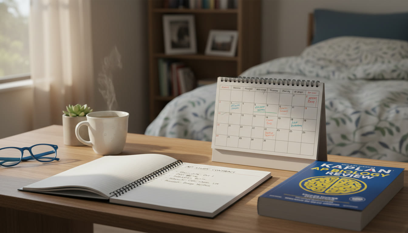 Photo Idea : A cozy study scene—natural light on a desk with a notebook open to a handwritten study contract, a calendar with blocks, and an AP review book nearby. The image should feel calm and intentional, not frantic.