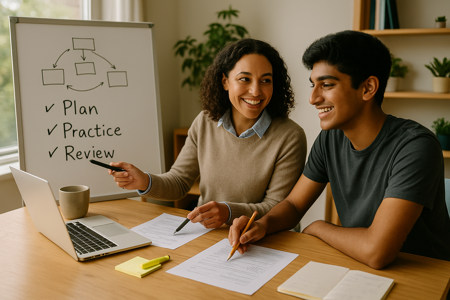 Photo Idea : A tutor and student smiling over a practice test, pointing to a strategy board. Natural, collaborative environment showing active learning and mentorship.