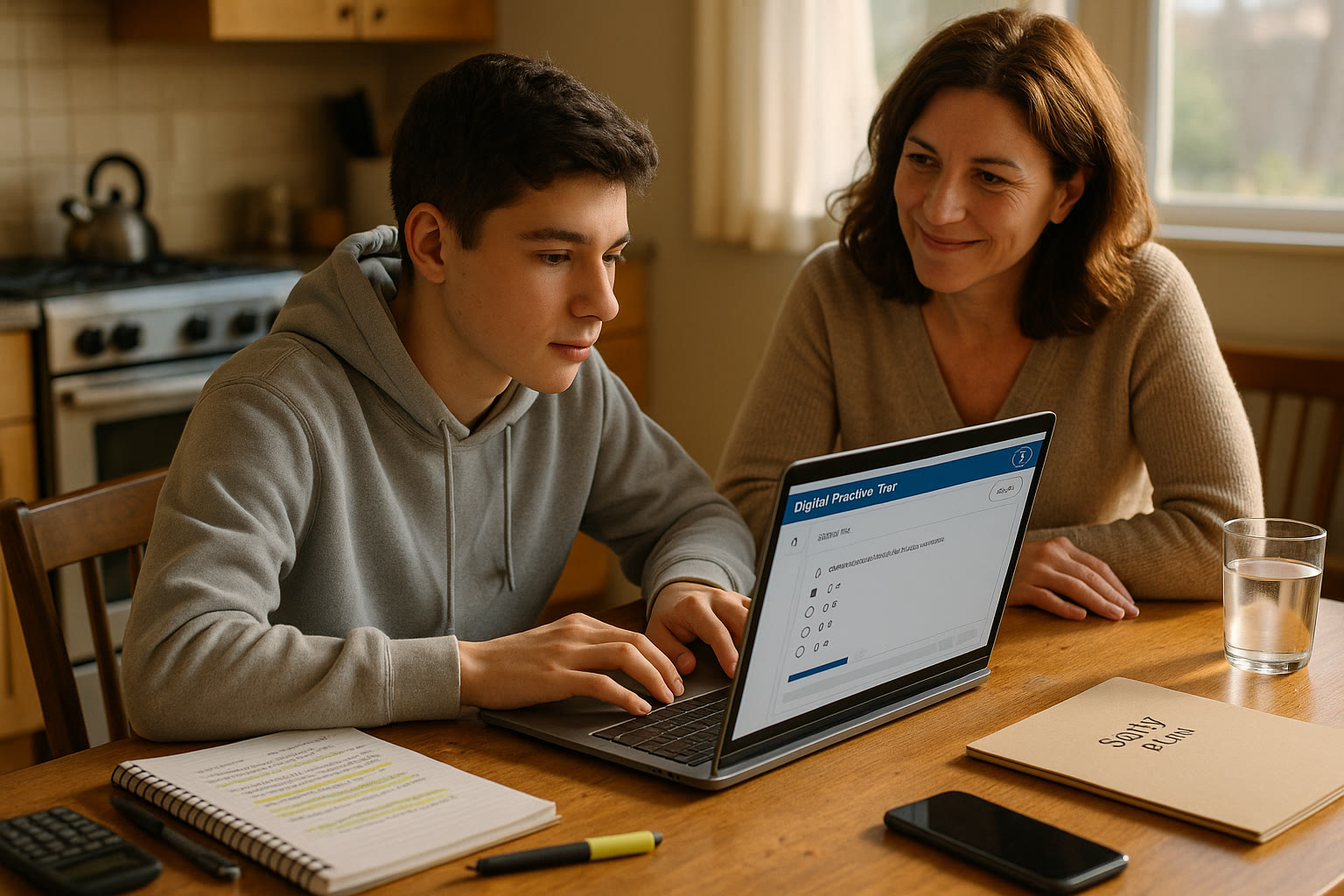 Photo Idea : A student practicing a Digital SAT full-length test on a laptop at a kitchen table, with a parent nearby offering a supportive smile and a notebook with study notes.