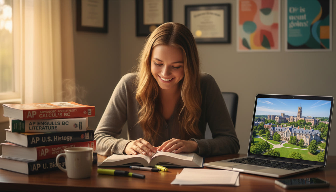 Photo Idea : A focused student at a desk surrounded by AP prep books and laptop showing Vanderbilt's campus on the screen — warm lighting, inspirational atmosphere.
