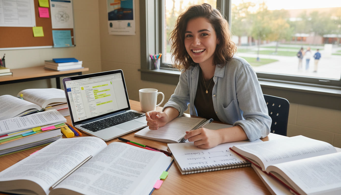 Photo Idea : A student at a desk surrounded by open journals, a laptop with highlighted PDFs, and a notepad showing a structured outline labeled