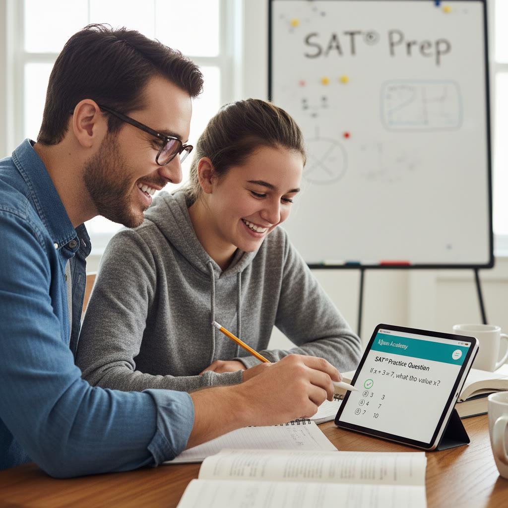 Photo Idea : Close-up of a tutor and student at a desk, digital tablet open with SAT practice interface, tutor pointing at a problem — focused, collaborative energy.