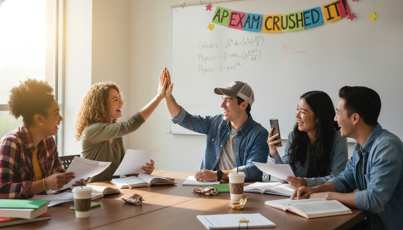 Photo Idea : A celebratory study group after a practice AP exam — students comparing notes, one student high-fiving another, a whiteboard with key formulas in the background. The vibe is collaborative and optimistic.