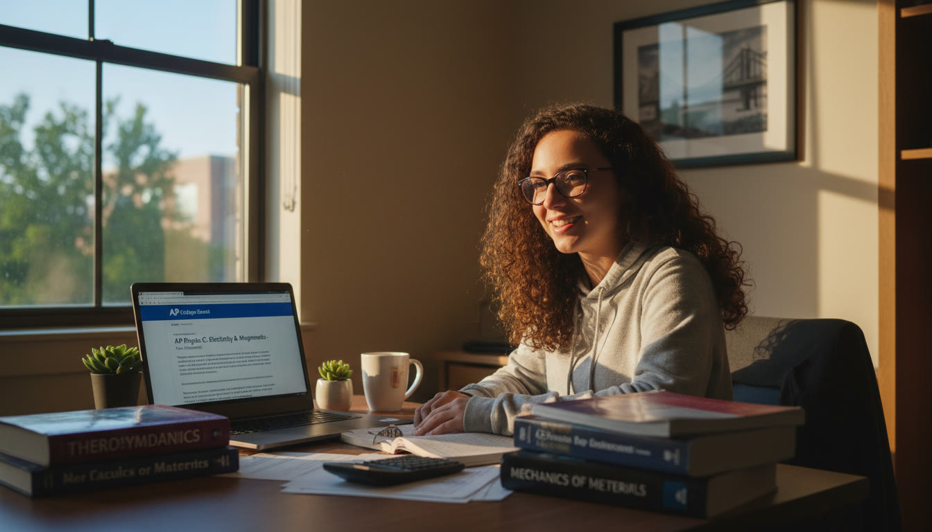 Photo Idea : A bright, engaging photo of a high school student studying with engineering textbooks and a laptop open to a College Board AP resource—conveys focus and aspiration.