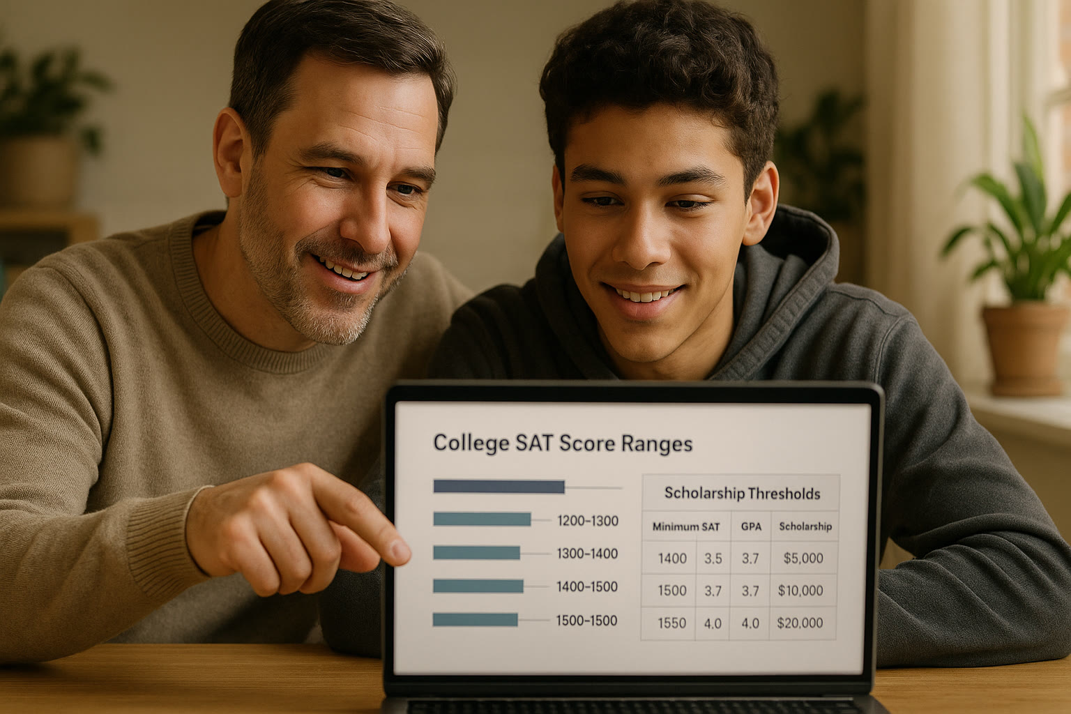 Photo Idea : Close-up of a parent and student looking at a laptop together showing college SAT score ranges and a table of scholarship thresholds — collaborative, hopeful atmosphere.