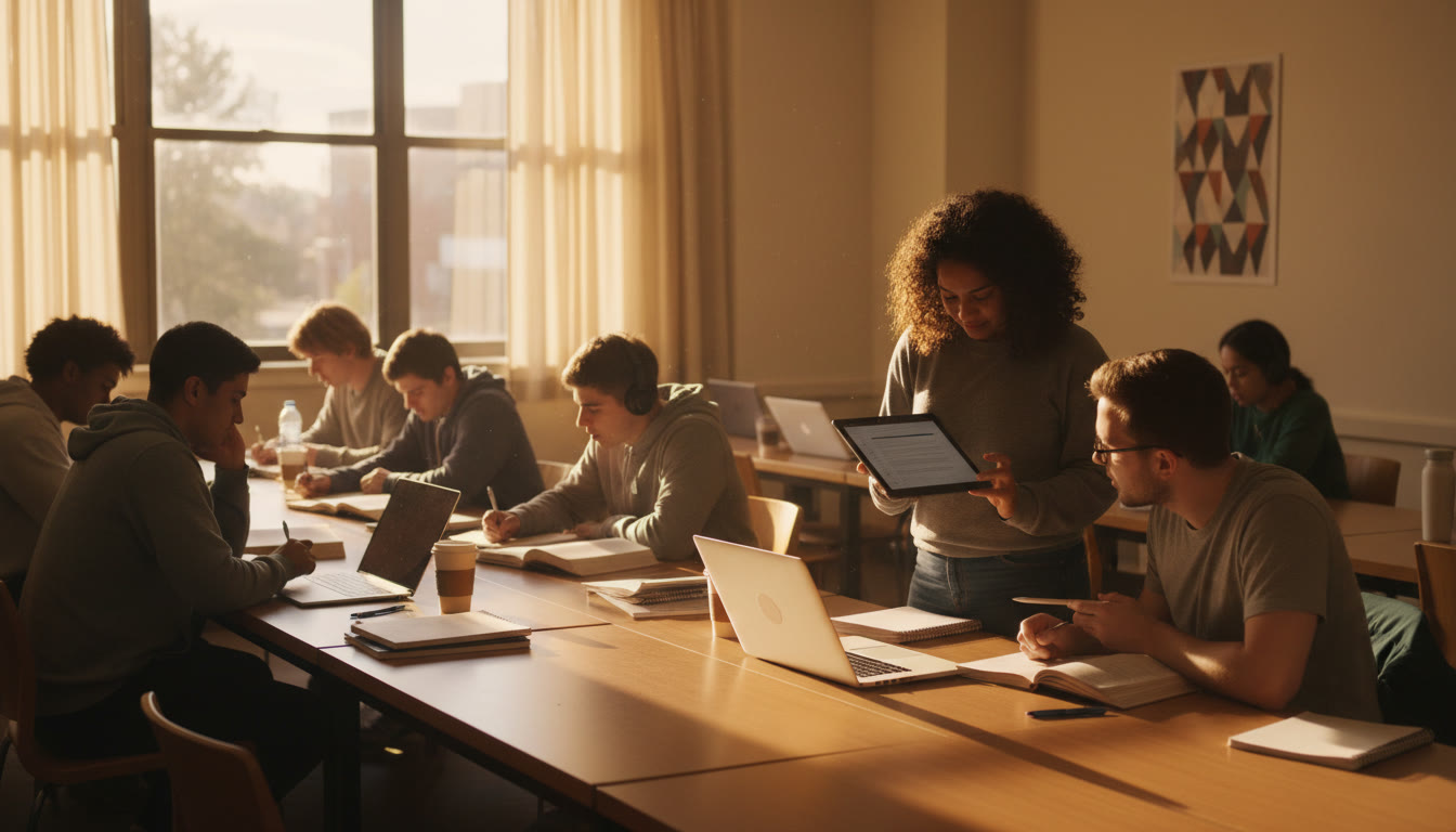 Photo Idea : A warm, late-afternoon dormitory study hall — students at long tables with notebooks and laptops, one student consulting a tutor over a tablet, natural window light through dorm curtains.