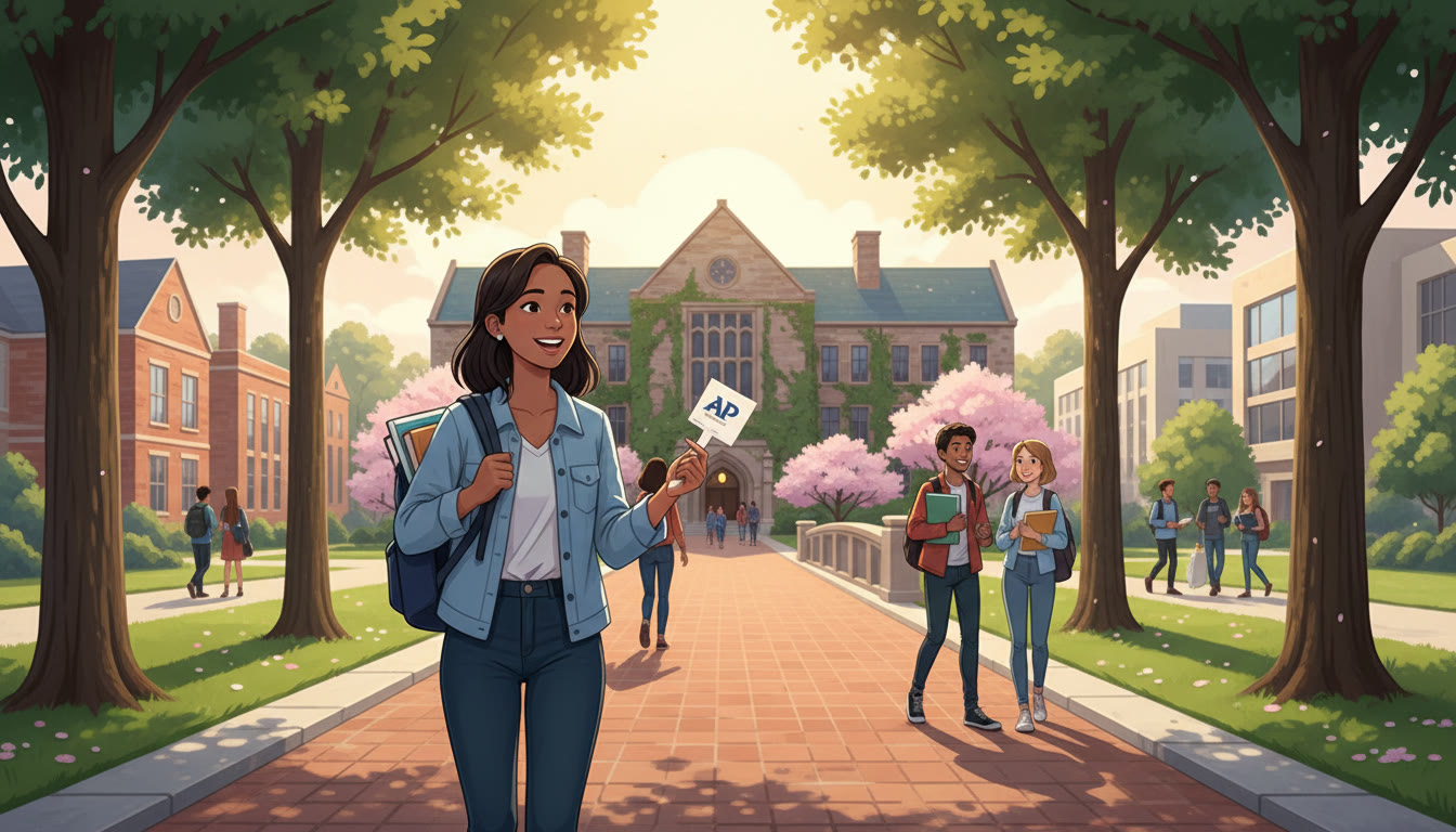 Photo Idea : A bright, hopeful image of a college campus pathway with a student walking toward a library, backpack slung over one shoulder, symbolizing the bridge AP credit can create between high school and college goals.