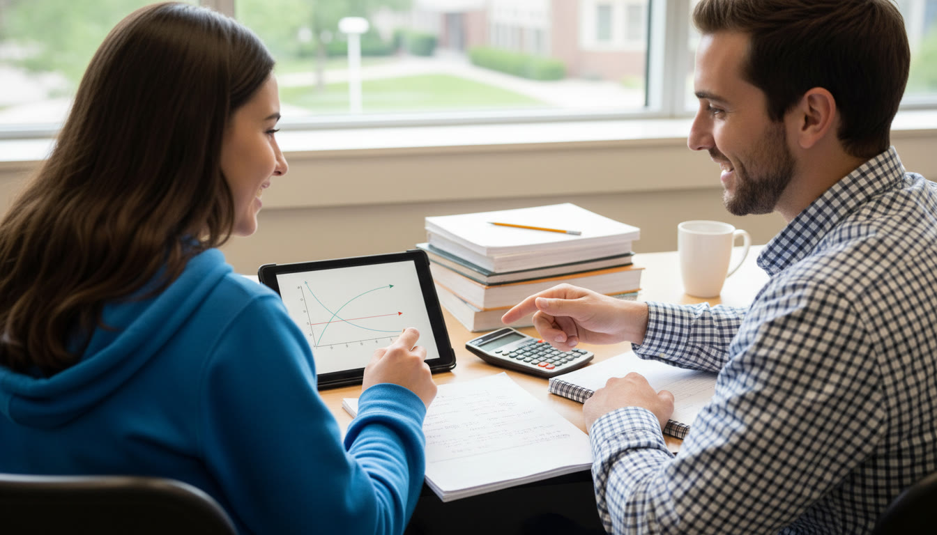Photo Idea : A student and a tutor (over-the-shoulder view) working on AP Econ practice problems, with a tablet showing a graph and a calculator on the desk—natural interaction demonstrating personalized guidance.
