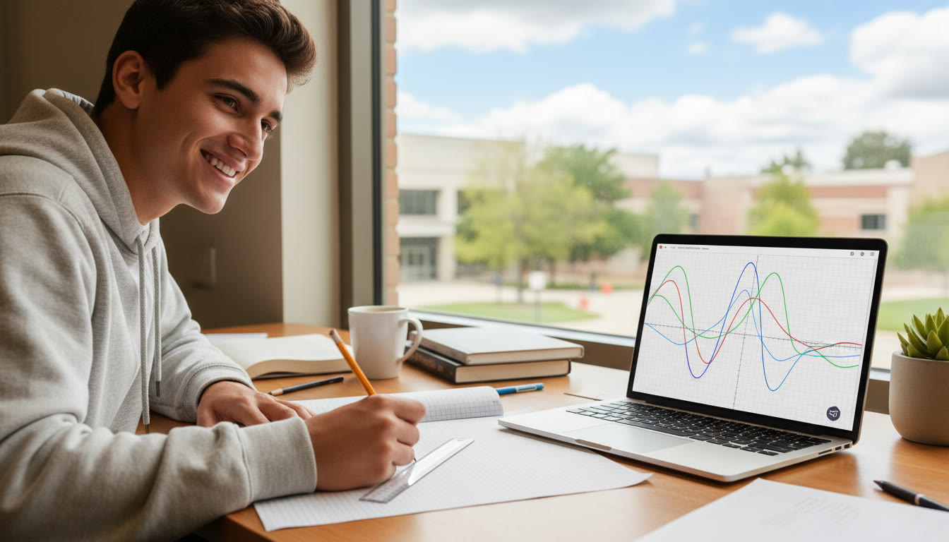 Photo Idea : A bright, natural photo of a student at a desk sketching graphs on graph paper with a laptop open to a colorful function plot — emphasizes active learning and modern tools.