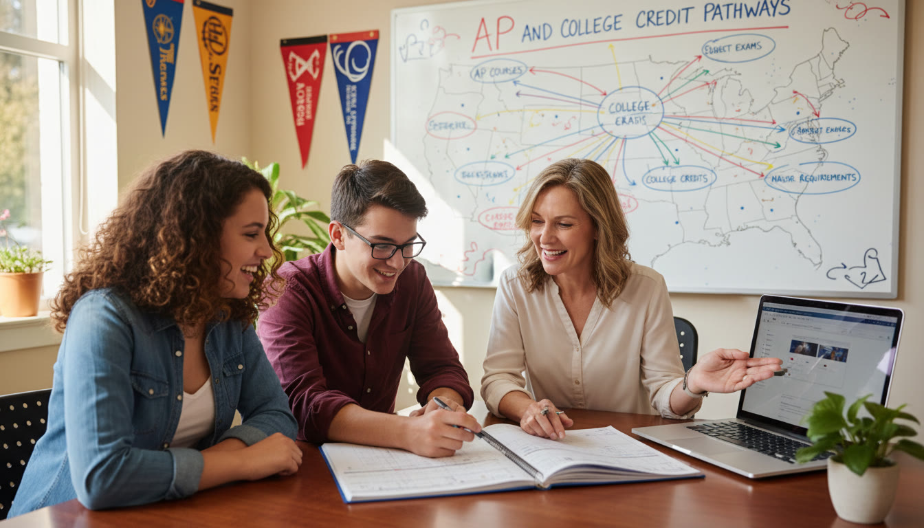 Photo Idea : A bright counseling office scene showing a counselor and two students (and a parent) looking over a planner and a laptop, maps of AP and college credit pathways sketched on a whiteboard behind them.