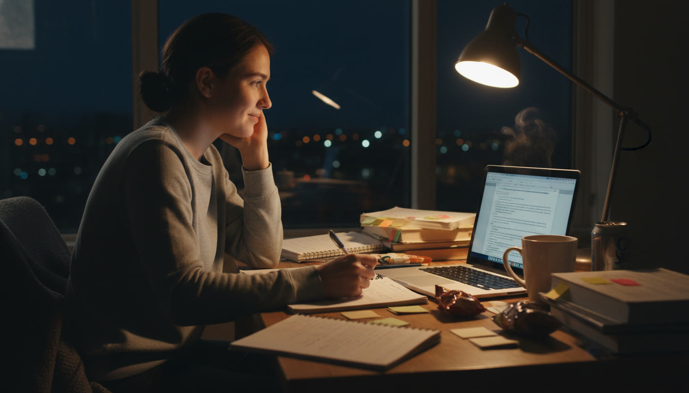 Photo Idea : A student at a desk late at night surrounded by notes, a laptop with a practice DBQ on screen, and a cup of tea—captures focused, reflective study and the essay-writing process.
