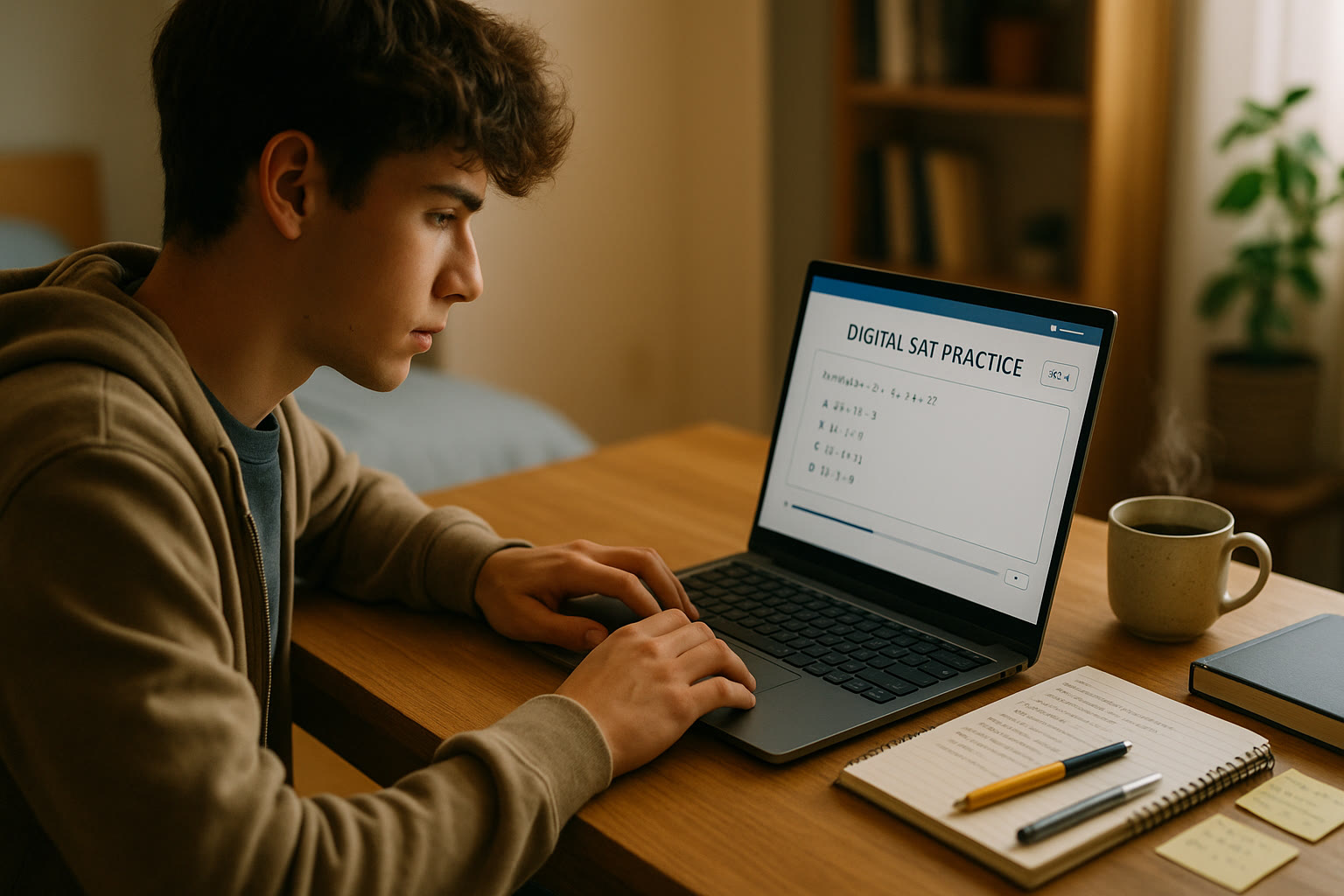 Photo Idea : A focused high school student taking a practice digital SAT on a laptop, with notes and a cup of coffee nearby.