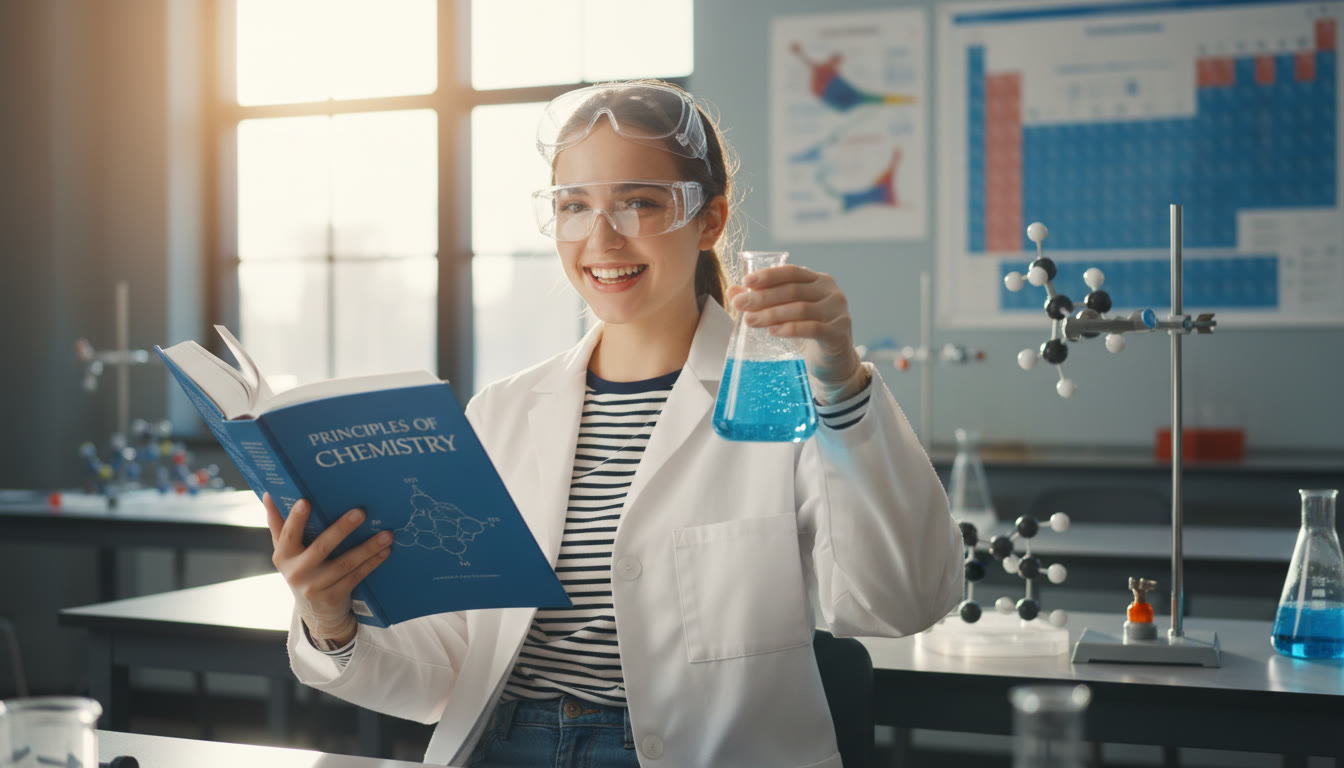 Photo Idea : A high school student in a classroom holding a chemistry textbook on one side and wearing a lab coat on the other, symbolizing academic and practical experience.
