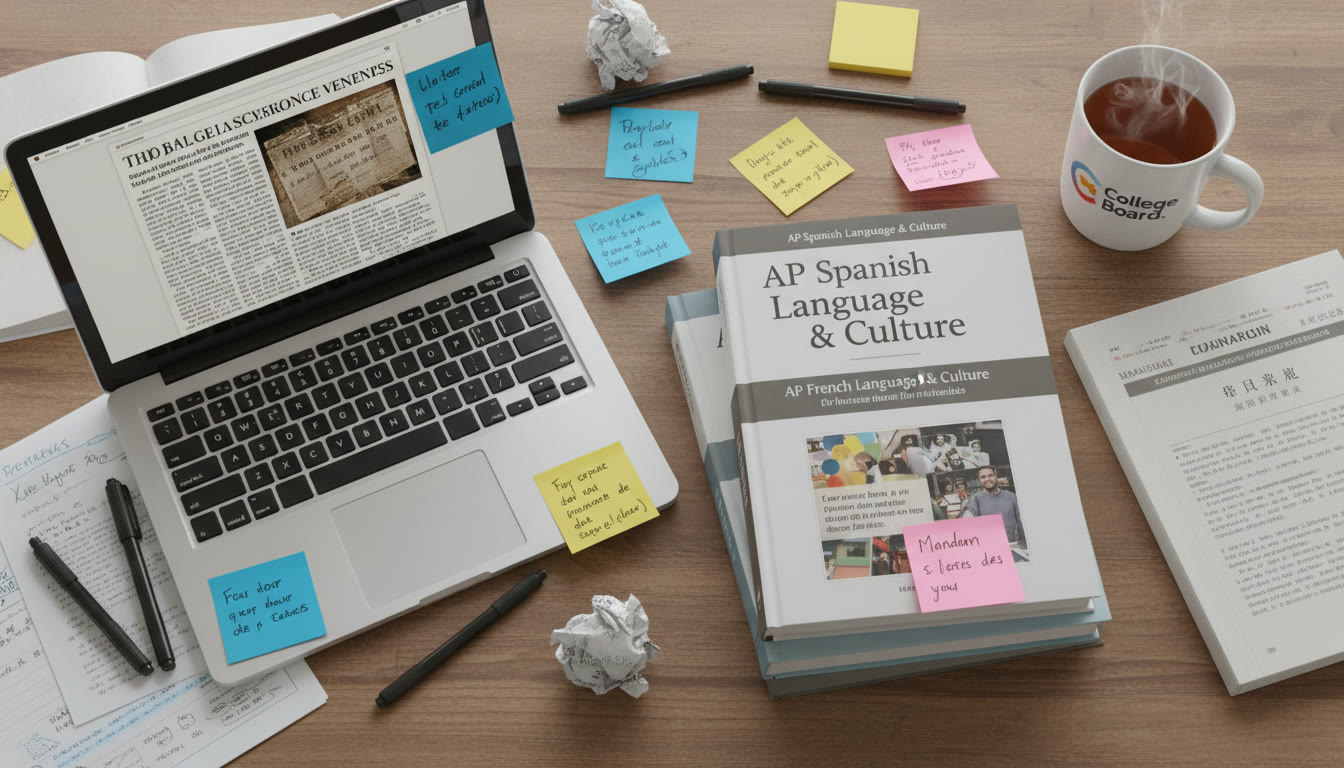 Photo Idea : A stacked flat-lay photo of a student desk with open multilingual books (Spanish, French, Mandarin), a laptop showing a scanned newspaper, colorful sticky notes, and a mug. Suggests active, thoughtful research across languages.