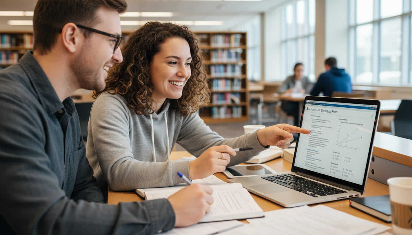 Photo Idea : A student with a tutor and laptop, pointing at a practice exam on screen while taking notes; conveys personalized tutoring, focused feedback, and collaborative study.