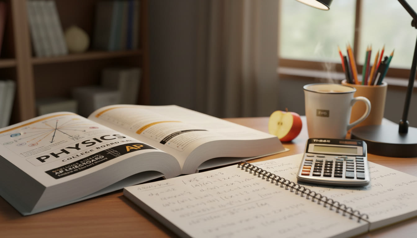 Photo Idea : A tidy student workspace with a physics textbook open to an electric field diagram, a graphing calculator, and a notebook with derivative and integral work. The photo should feel warm and focused, conveying study and the bridge between algebra and calculus.
