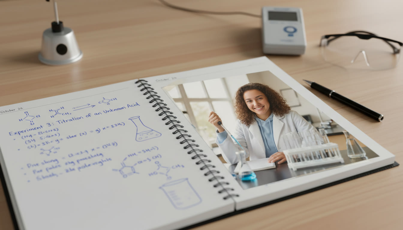 Photo Idea : A neatly organized spiral-bound lab notebook open to a dated page with a photograph of a student taking notes beside a pipette and test tube. The photo should be bright, natural, and show handwriting and small sketches to emphasize authenticity.