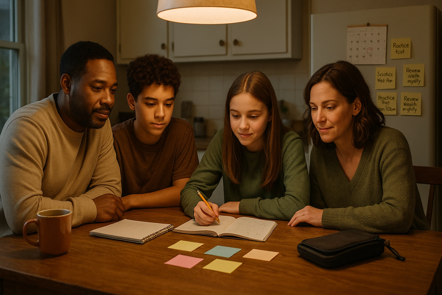 Photo Idea : A family at a kitchen table with a laptop open to a practice test, a calendar on the wall, and sticky notes showing a study plan — warm lighting, casual clothes, real-life planning scene.
