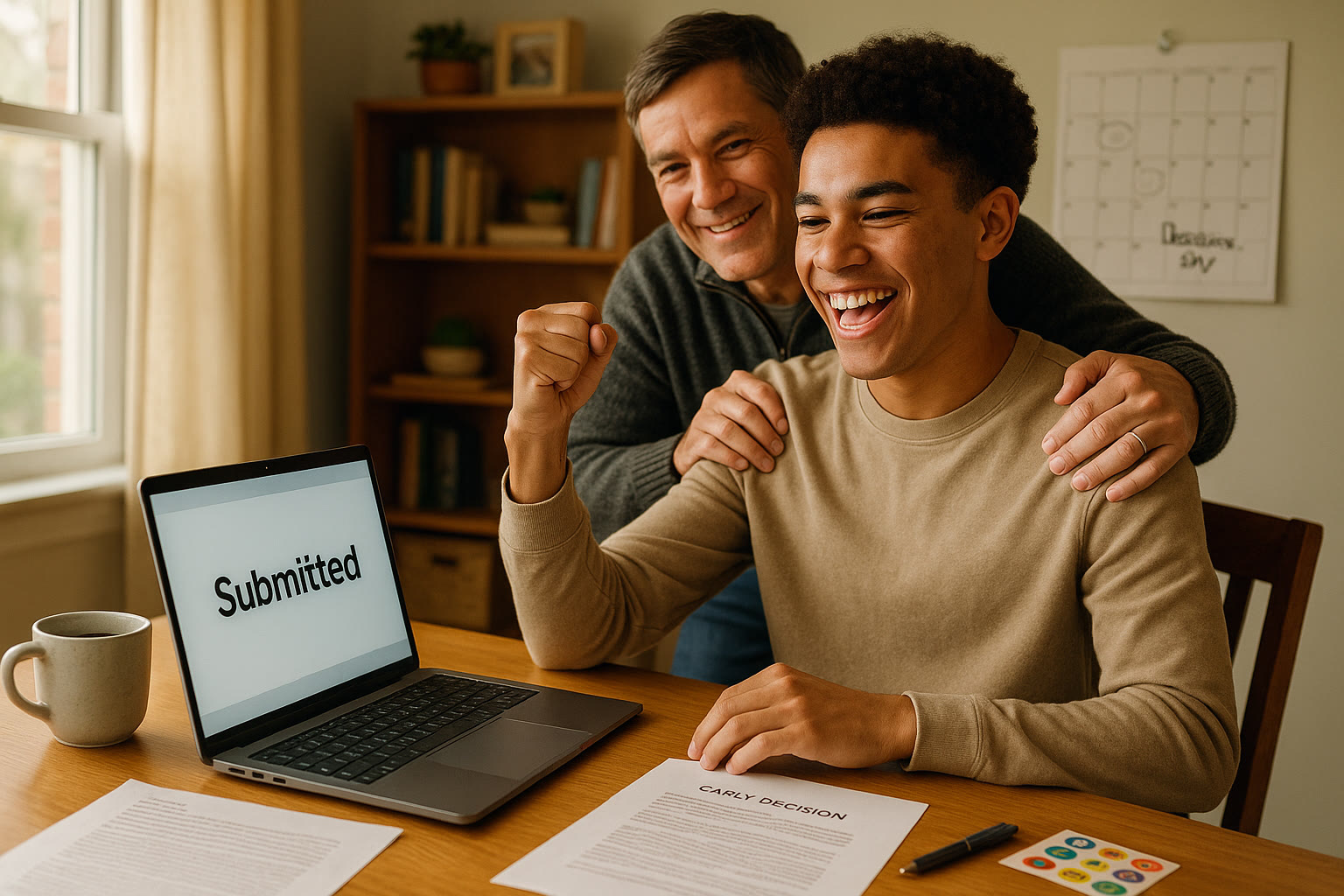 Photo Idea : A confident high-school senior at a desk celebrating after hitting submit on an ED application, with a parent hugging in the background and a visible calendar marking decision dates.