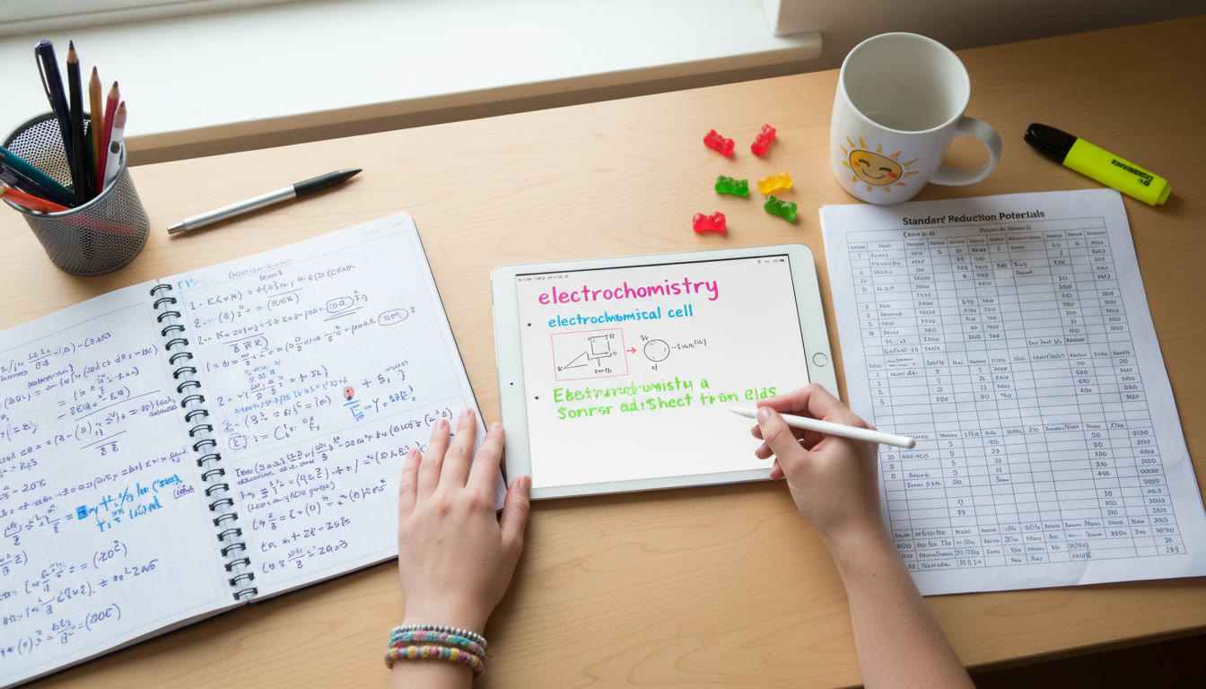Photo Idea : A clean, top-down photo of a student’s study spread: a tablet showing electrochemistry notes, a printed table of standard reduction potentials, and a notebook with worked Nernst equation problems — communicates focused, modern study with a blend of digital and handwritten work.