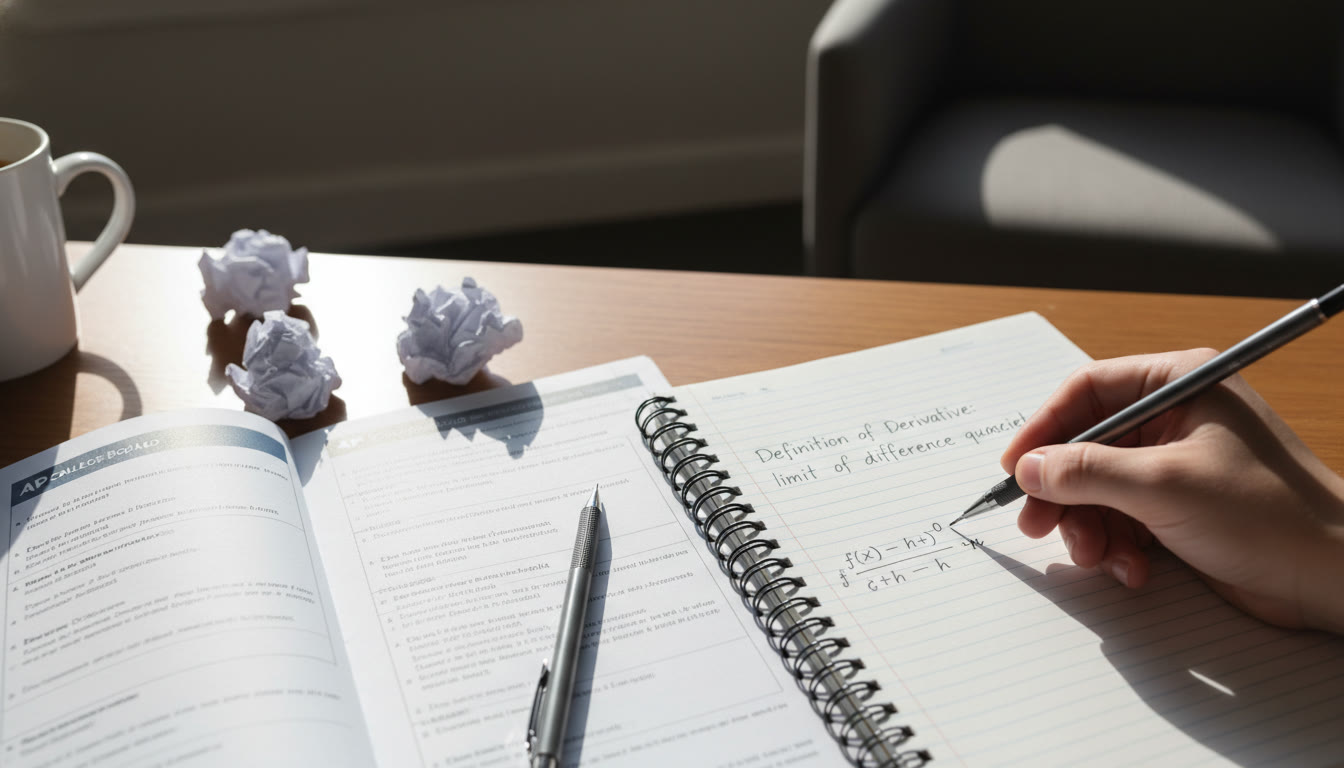 Photo Idea : A high-contrast, top-down photo of an open AP free-response booklet, a mechanical pencil, and a tidy notebook page where a student writes “Definition of Derivative: limit of difference quotient.”