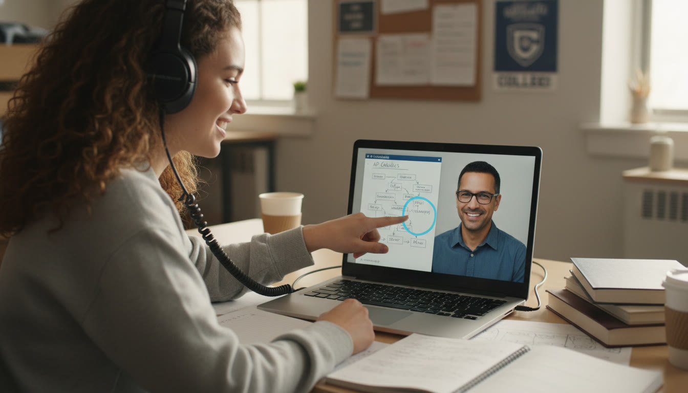 Photo Idea : A student in an online tutoring session with a tutor on screen, both pointing at a shared digital note; the student’s headphone cable is visible—a visual link between focused coaching and controlled sound environment.