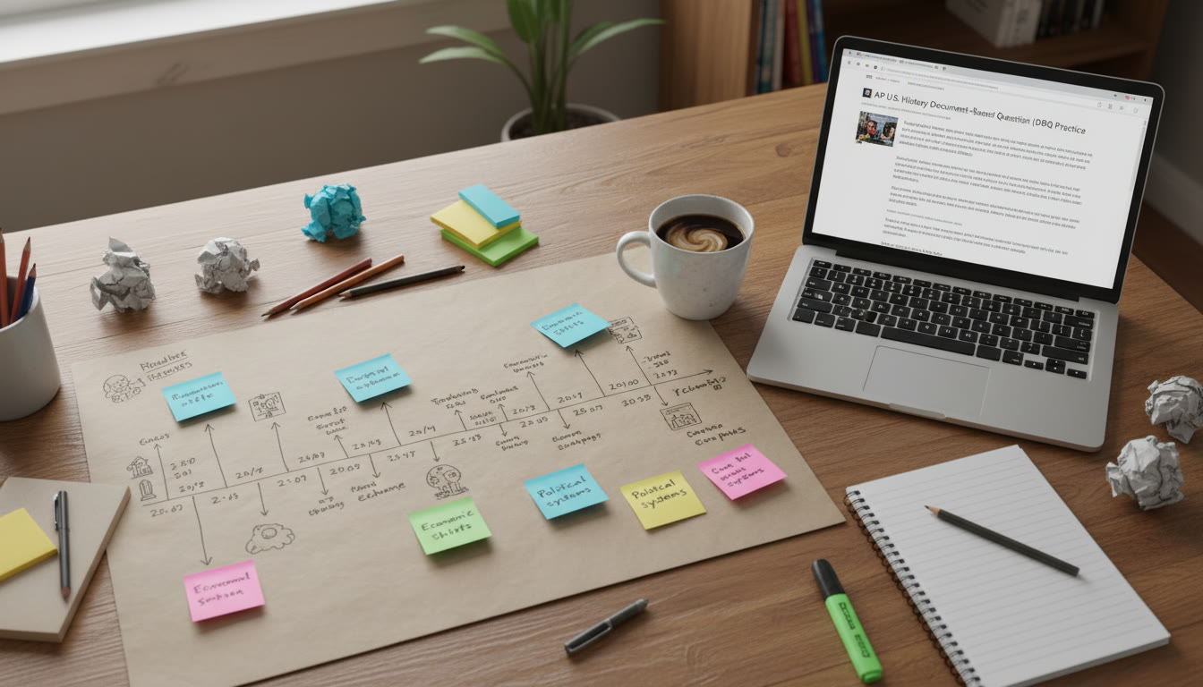 Photo Idea : A top-down photograph of a student’s study spread — annotated timeline on paper, colorful sticky notes marking themes, a laptop open to practice DBQs, and a cup of coffee. This communicates active study and planning.