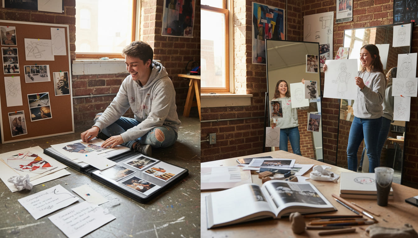 Photo Idea : A candid image of a student arranging pieces in a portfolio or rehearsing in front of a mirror; include visible notes and process images to convey preparation and craft. Place this mid-article near the checklist or portfolio section to illustrate practical work.