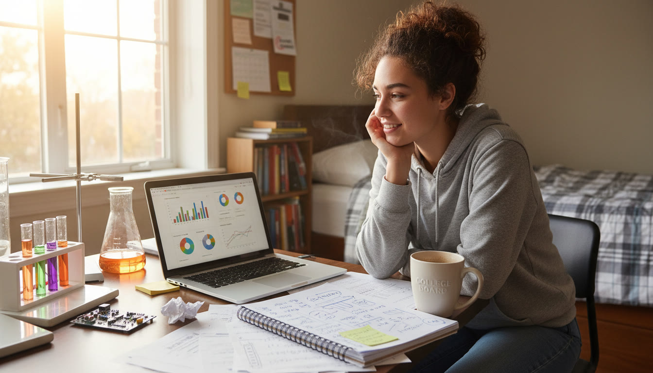 Photo Idea : A sunlit bedroom turned mini-lab—laptop open with data charts, a notebook full of messy ideas, and a coffee mug. Shows a student in the flow of independent research.