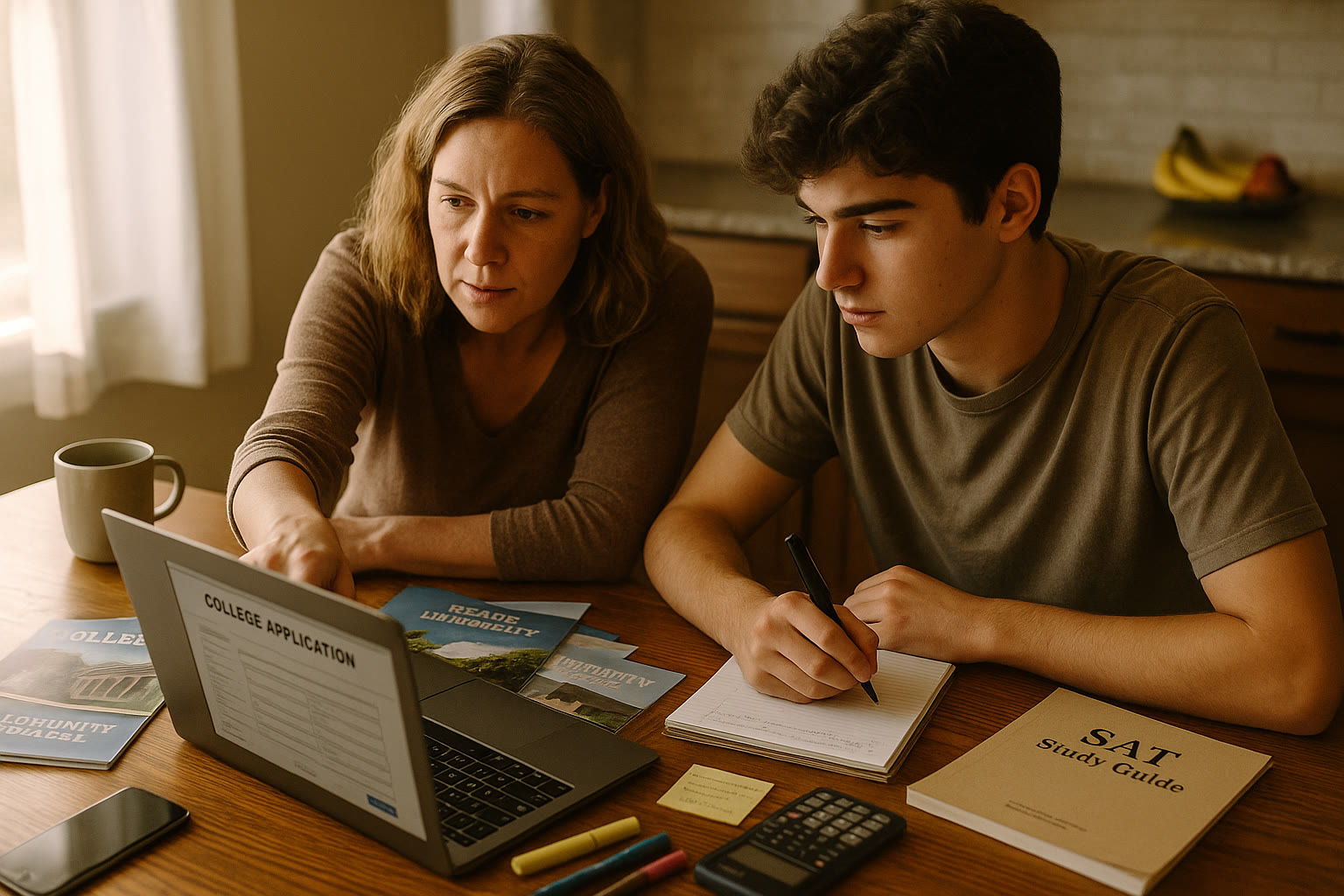 Photo Idea : A candid photo of a parent and high school student at a kitchen table with college brochures, a laptop showing an application page, and an SAT study guide nearby.